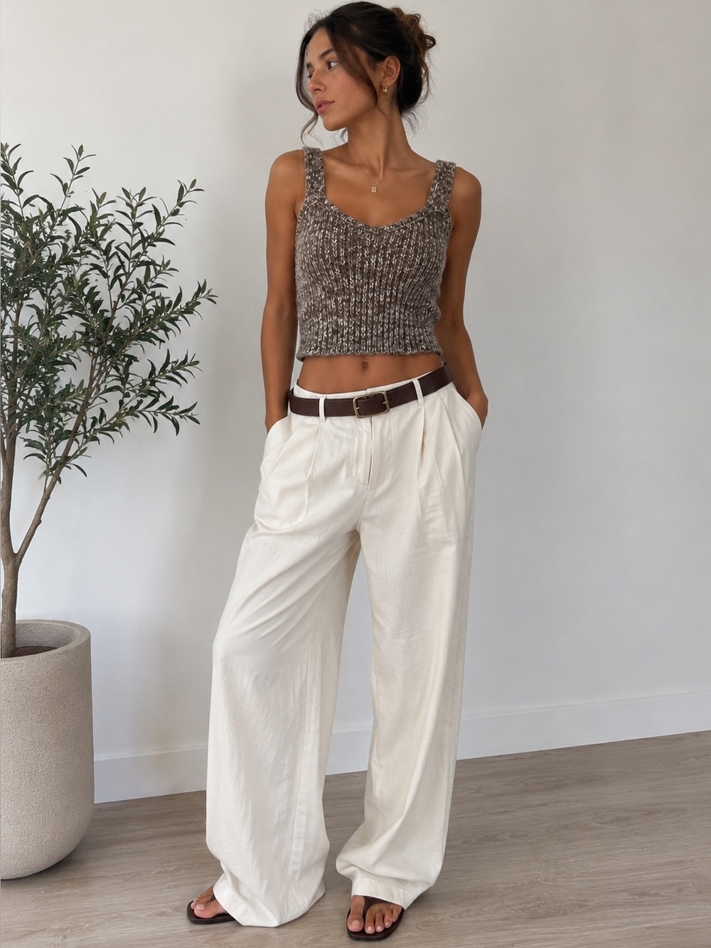 Brown Cream Marled Chunky Knit Cropped Tank Top Size S